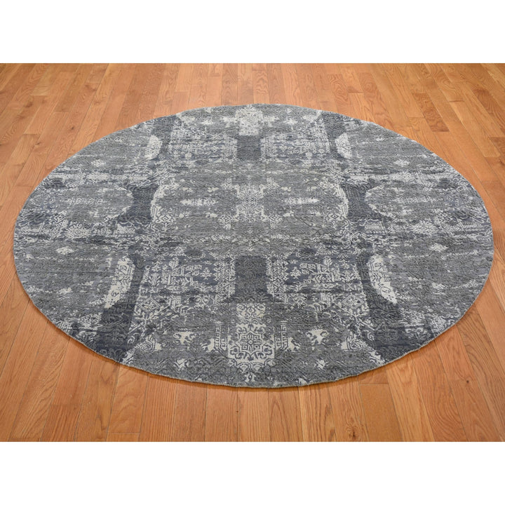 6'0" x 6'0" New Hand Knotted Grey Wool & Silk Round Oriental Rug - MOA10259002