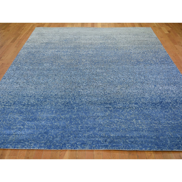 9'0" x 12'0" New Hand Knotted Blue Wool & Pure Silk Rectangle Oriental Rug - MOA10259007