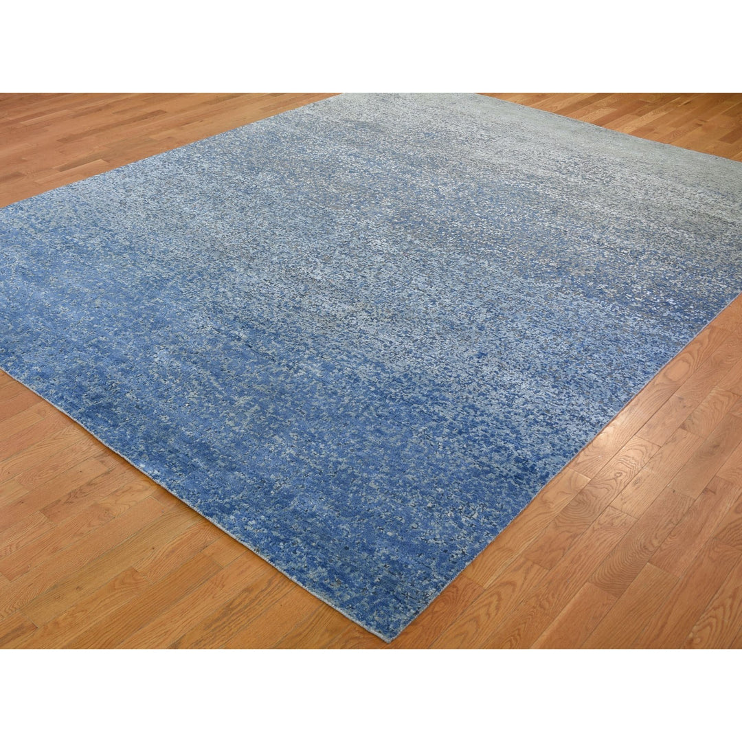 9'0" x 12'0" New Hand Knotted Blue Wool & Pure Silk Rectangle Oriental Rug - MOA10259007