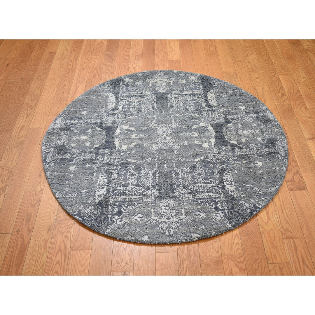 4'0" x 4'0" New Hand Knotted Grey Wool & Silk Round Oriental Rug - MOA10259025