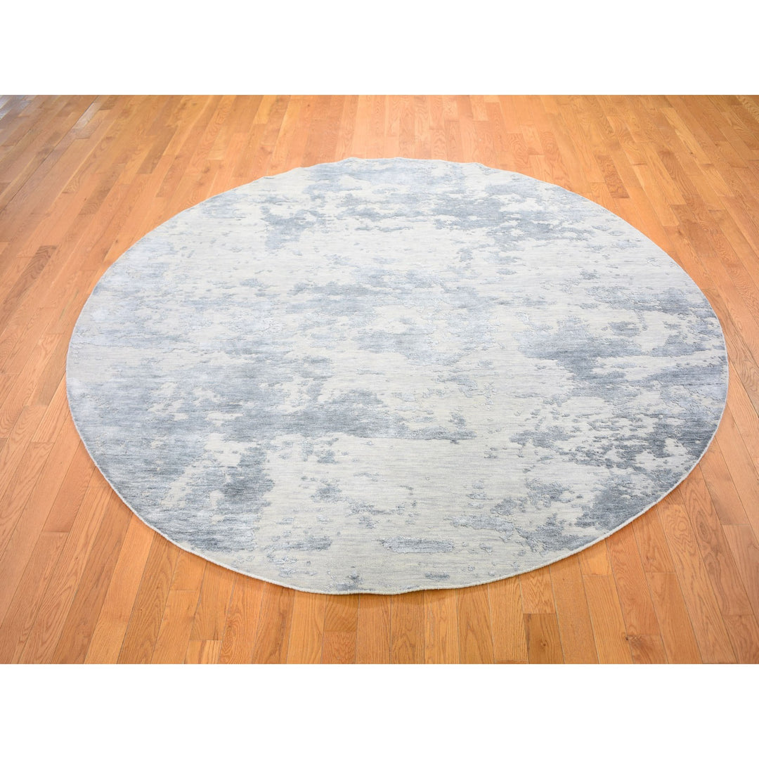 7'10" x 7'10" New Hand Knotted Grey Wool & Silk Round Oriental Rug - MOA10259053