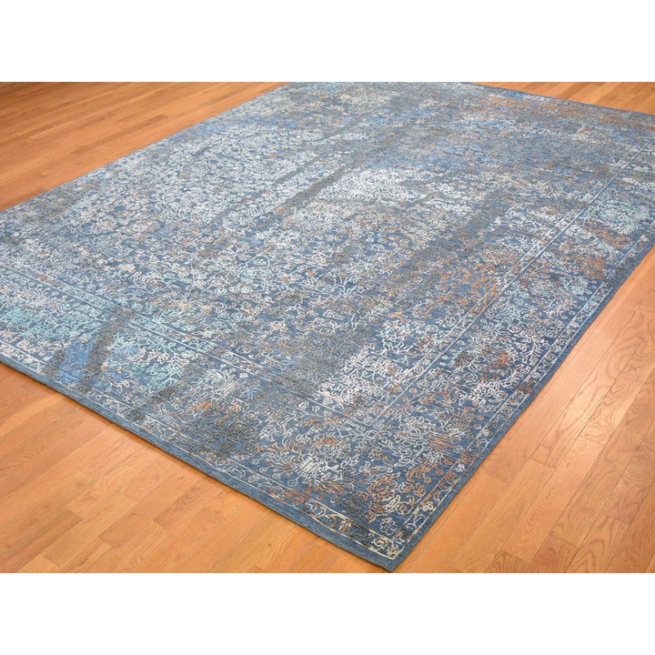 9'0" x 12'0" New Hand Knotted Blue Wool & Silk Rectangle Oriental Rug - MOA10259057