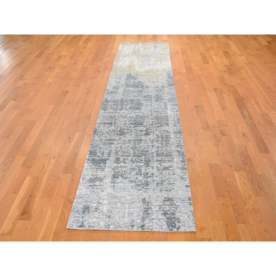 2'6" x 12'4" New Hand Knotted Grey Wool & Silk Runner Oriental Rug - MOA10259113