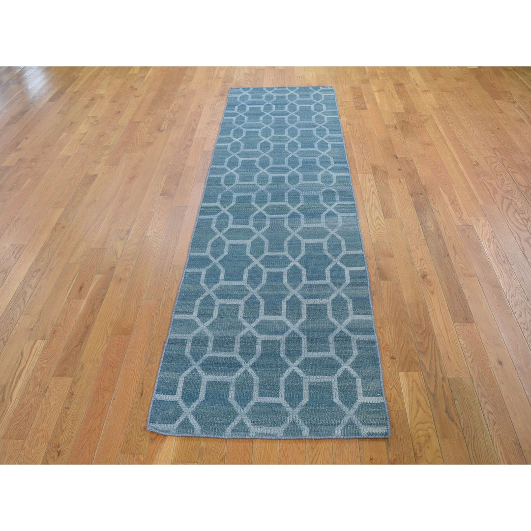 2'7" x 9'8" New Hand Woven Blue Wool Runner Oriental Rug - MOA10259118