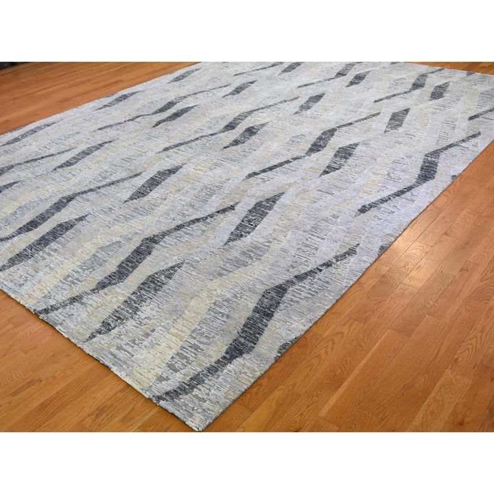 10'0" x 14'0" New Hand Knotted Grey Wool & Silk Rectangle Oriental Rug - MOA10259153