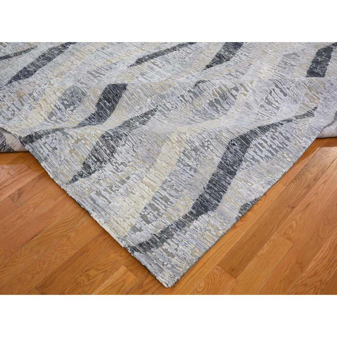 10'0" x 14'0" New Hand Knotted Grey Wool & Silk Rectangle Oriental Rug - MOA10259153