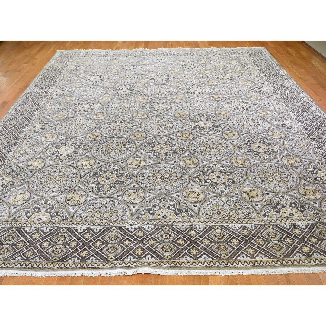 12'0" x 15'5" New Hand Knotted Ivory Wool & Silk Rectangle Oriental Rug - MOA10259154