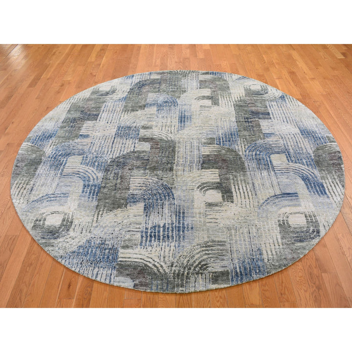 8'0" x 8'0" New Hand Knotted Blue Wool & Silk Round Oriental Rug - MOA10259156