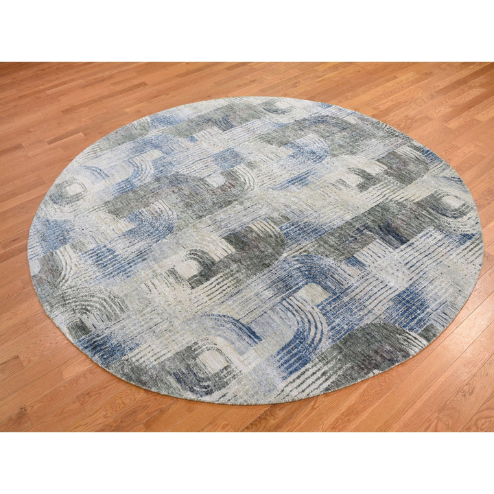 8'0" x 8'0" New Hand Knotted Blue Wool & Silk Round Oriental Rug - MOA10259156