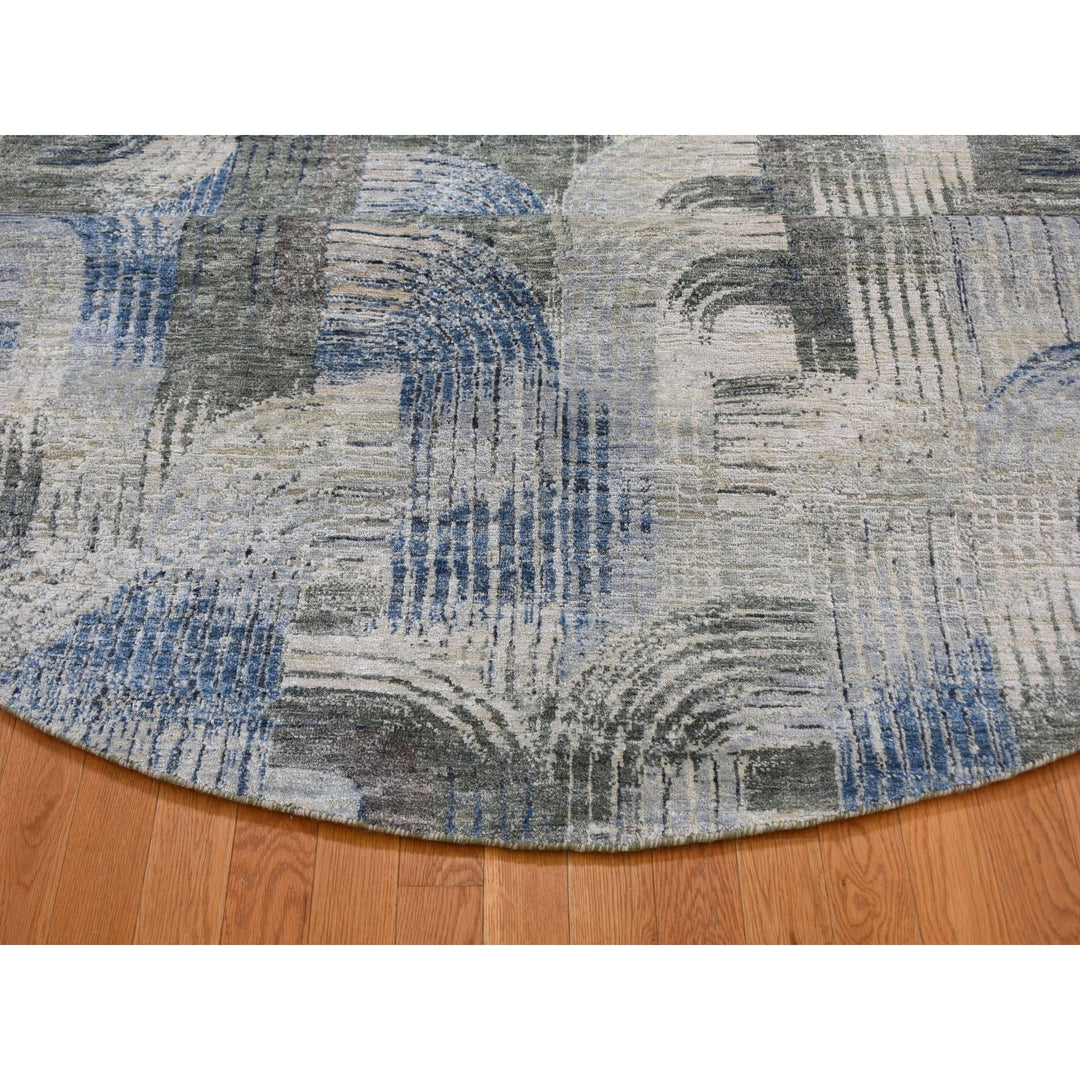 8'0" x 8'0" New Hand Knotted Blue Wool & Silk Round Oriental Rug - MOA10259156