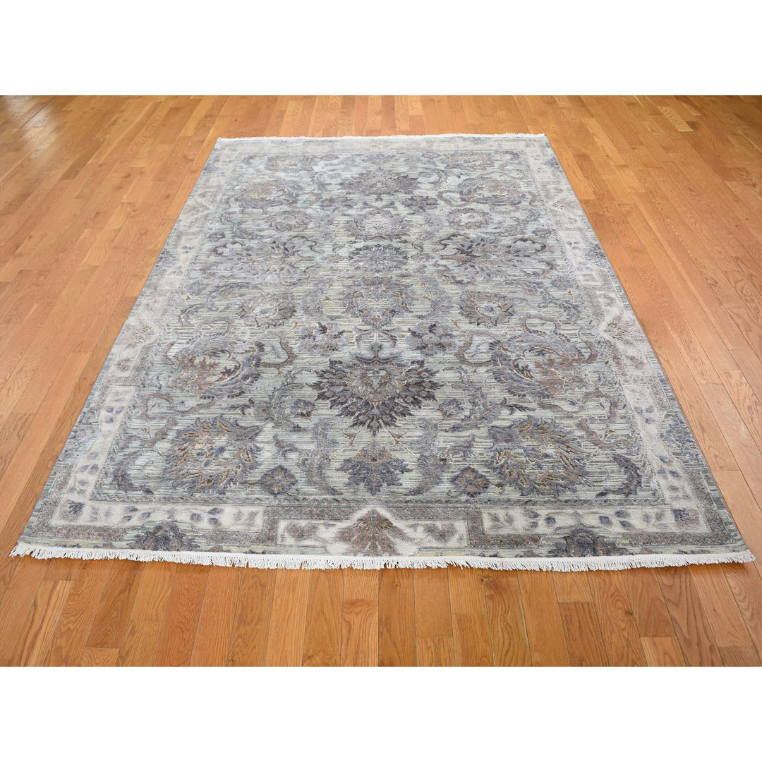 6'0" x 9'1" New Hand Knotted Green Wool & Silk Rectangle Oriental Rug - MOA10259164