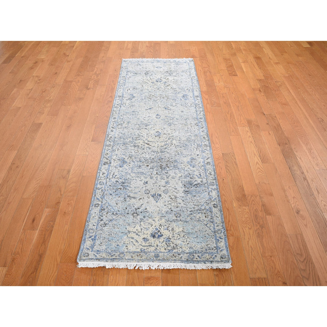 2'5" x 8'0" New Hand Knotted Blue Wool & Silk Runner Oriental Rug - MOA10259171