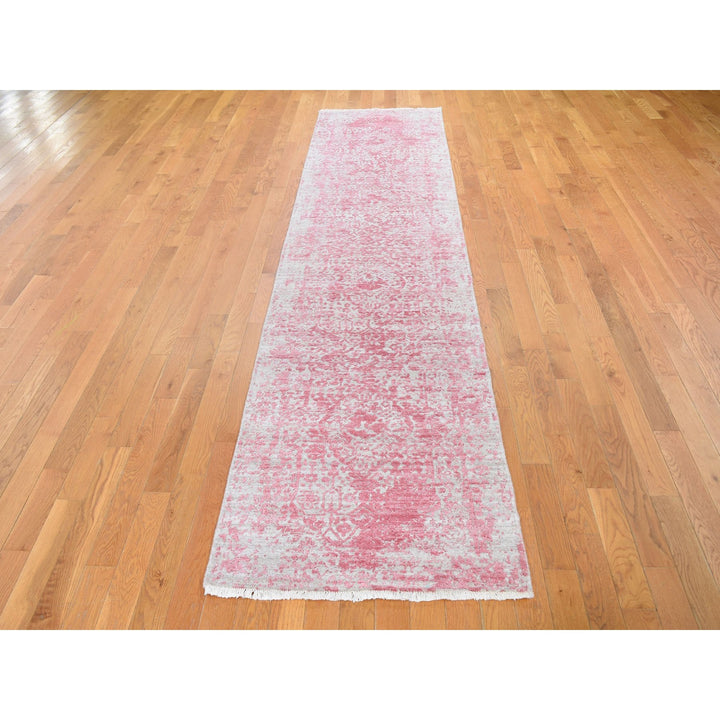 2'8" x 11'10" New Hand Knotted Pink Wool & Silk Runner Oriental Rug - MOA10259204