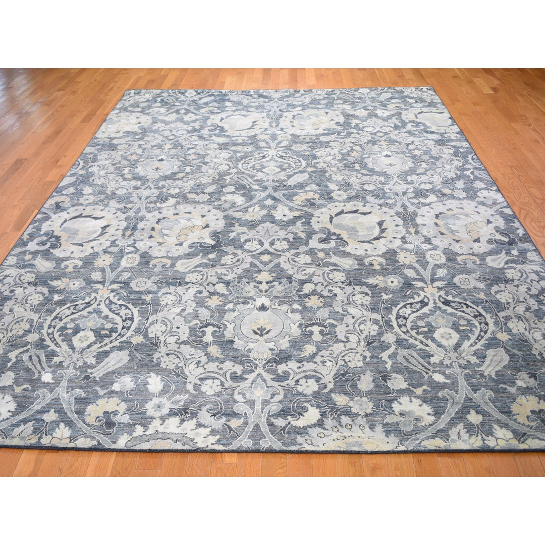 8'10" x 12'2" New Hand Knotted Blue Wool & Sari Silk Rectangle Oriental Rug - MOA10259222