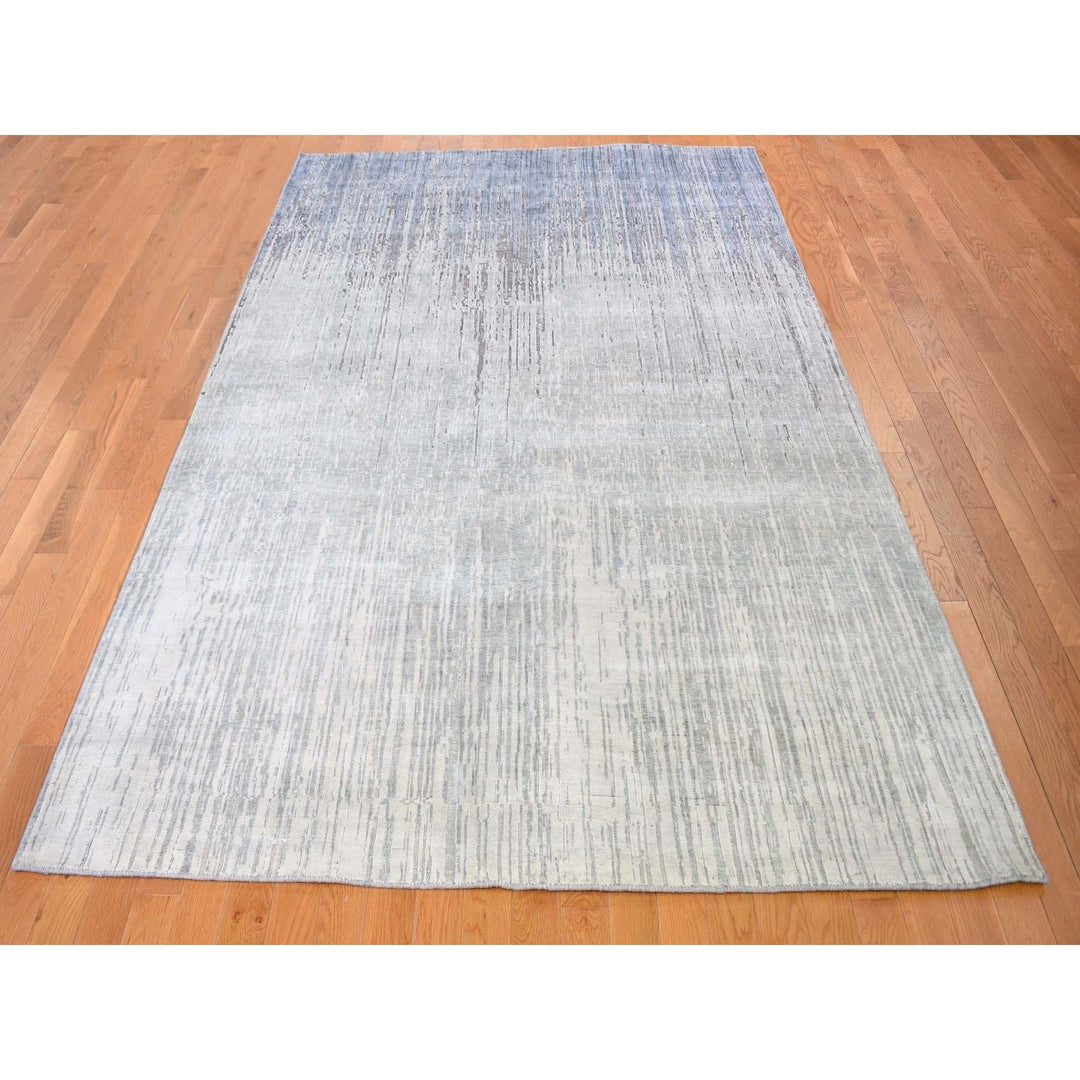 6'0" x 8'10" New Hand Knotted Grey Wool & Pure Silk Rectangle Oriental Rug - MOA10259257