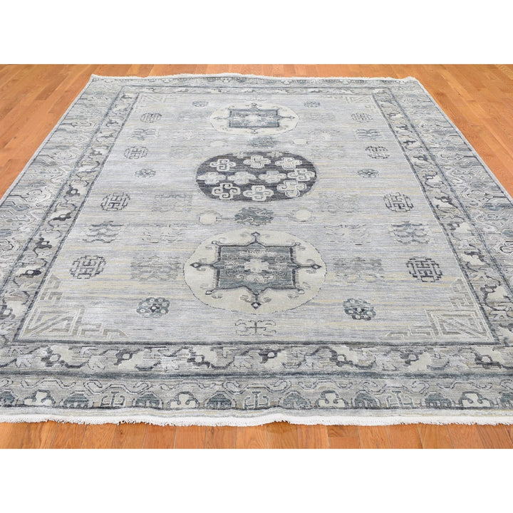 7'9" x 9'10" New Hand Knotted Grey Wool & Silk Rectangle Oriental Rug - MOA10259261