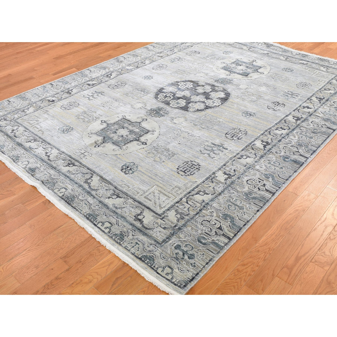 7'9" x 9'10" New Hand Knotted Grey Wool & Silk Rectangle Oriental Rug - MOA10259261