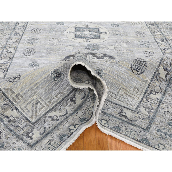 7'9" x 9'10" New Hand Knotted Grey Wool & Silk Rectangle Oriental Rug - MOA10259261