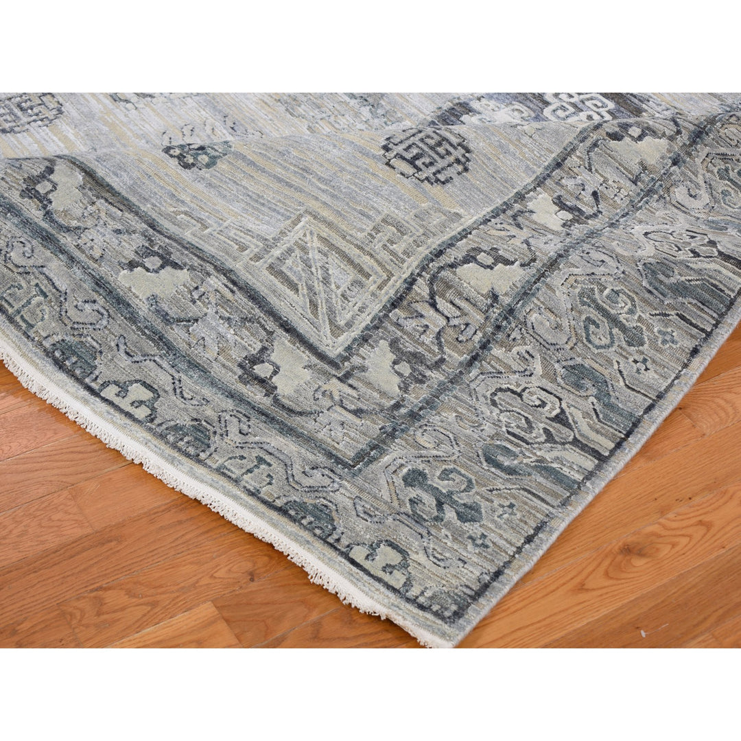 7'9" x 9'10" New Hand Knotted Grey Wool & Silk Rectangle Oriental Rug - MOA10259261