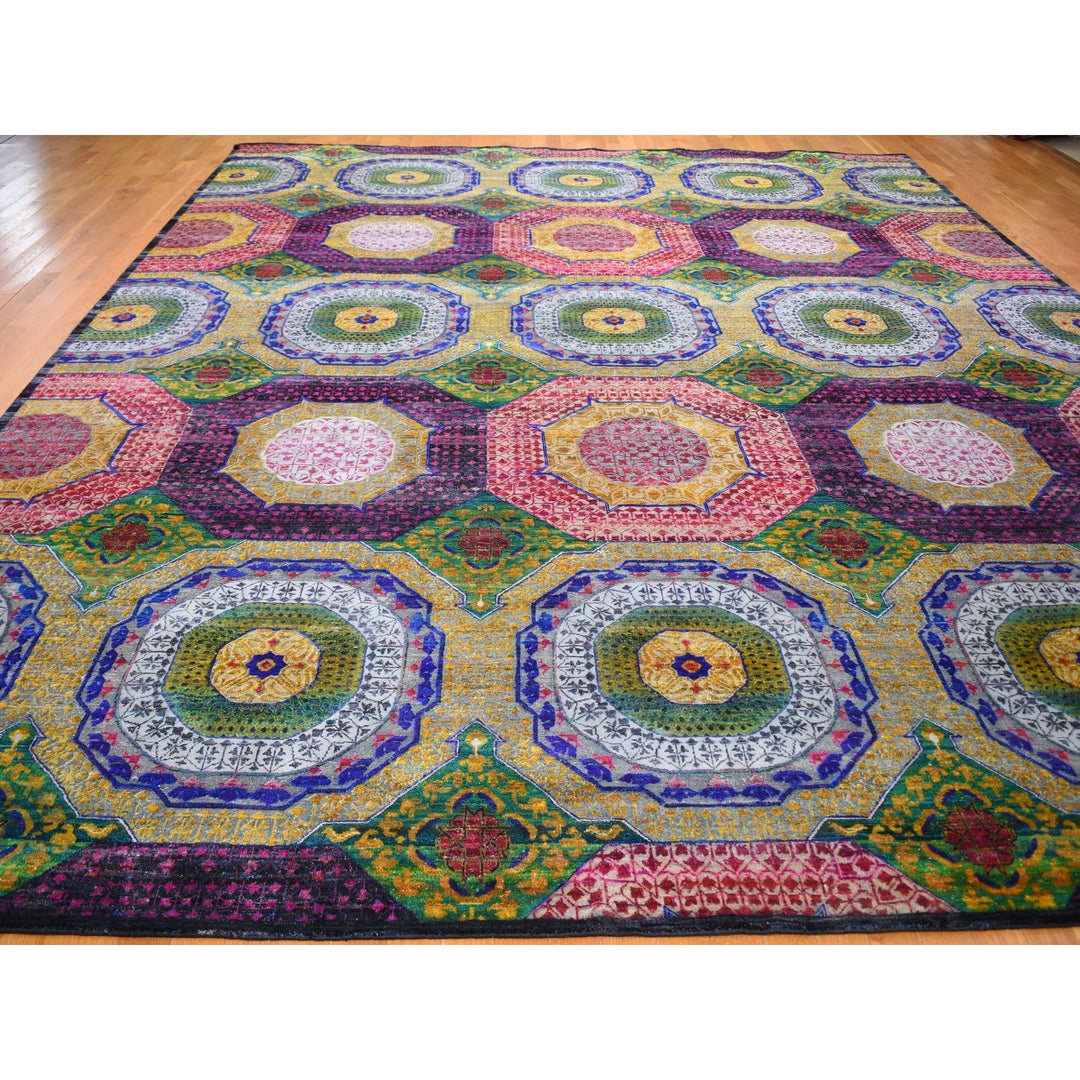 12'0" x 15'3" New Hand Knotted Yellow Wool & Sari Silk Rectangle Oriental Rug - MOA10259263