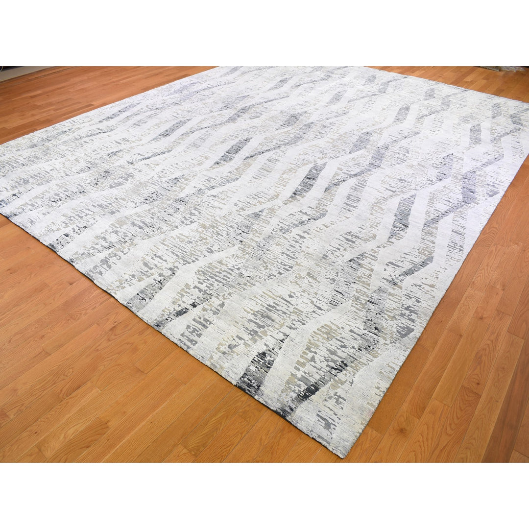 11'10" x 15'2" New Hand Knotted Ivory Wool & Silk Rectangle Oriental Rug - MOA10259268