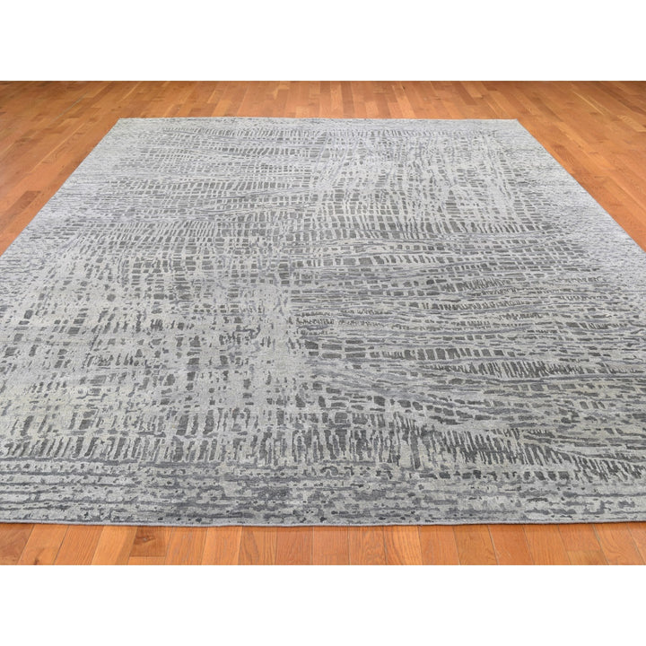 9'0" x 12'1" New Hand Knotted Grey Wool & Silk Rectangle Oriental Rug - MOA10259369