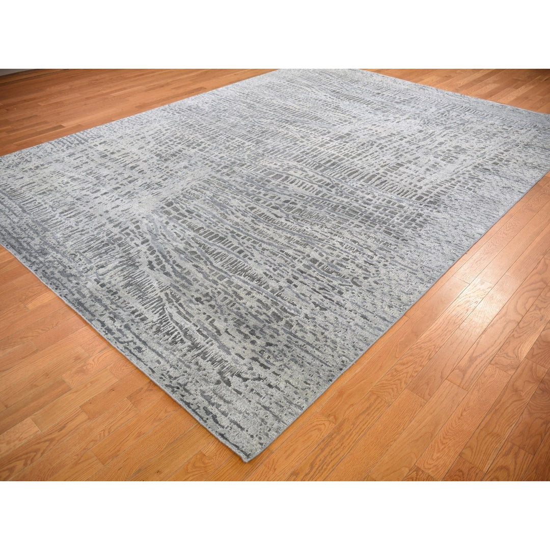 9'0" x 12'1" New Hand Knotted Grey Wool & Silk Rectangle Oriental Rug - MOA10259369