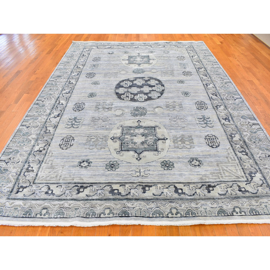 8'10" x 12'1" New Hand Knotted Grey Wool & Silk Rectangle Oriental Rug - MOA10259370