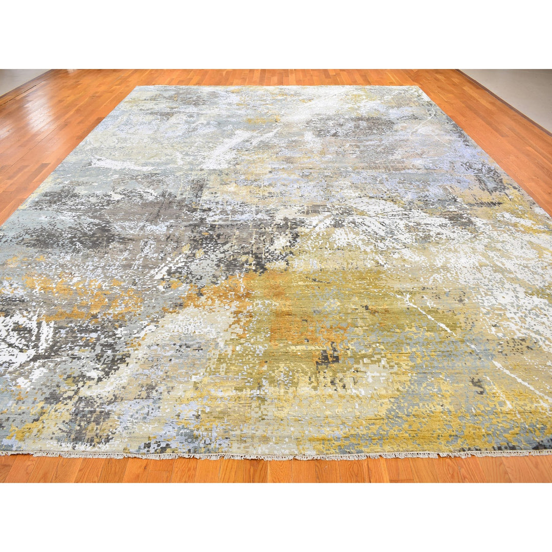 12'0" x 18'2" New Hand Knotted Grey Wool & Silk Rectangle Oriental Rug - MOA10259438