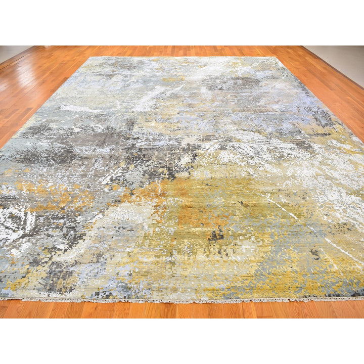 12'0" x 18'2" New Hand Knotted Grey Wool & Silk Rectangle Oriental Rug - MOA10259438