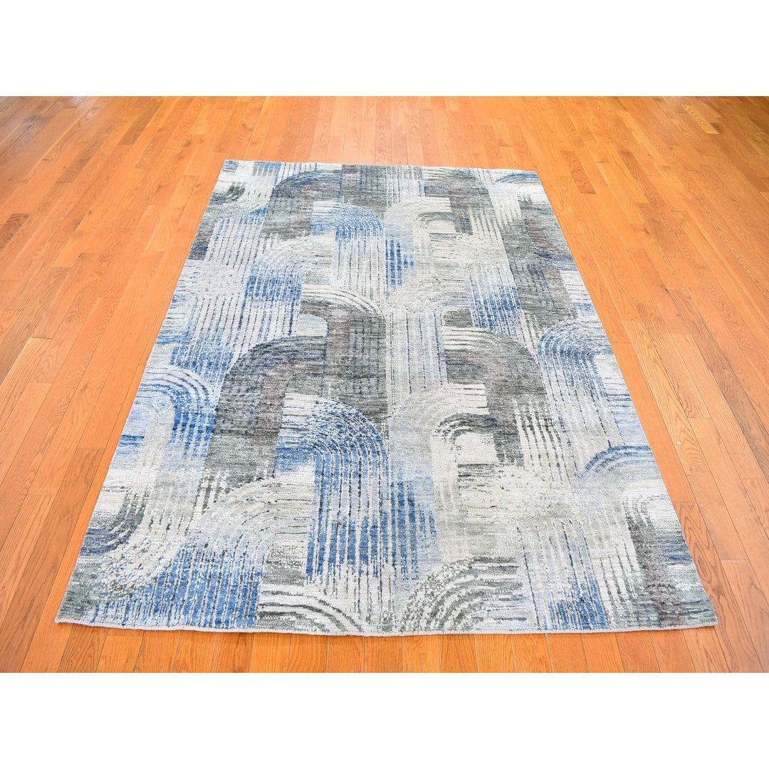 5'1" x 7'0" New Hand Knotted Blue Wool & Silk Rectangle Oriental Rug - MOA10259481