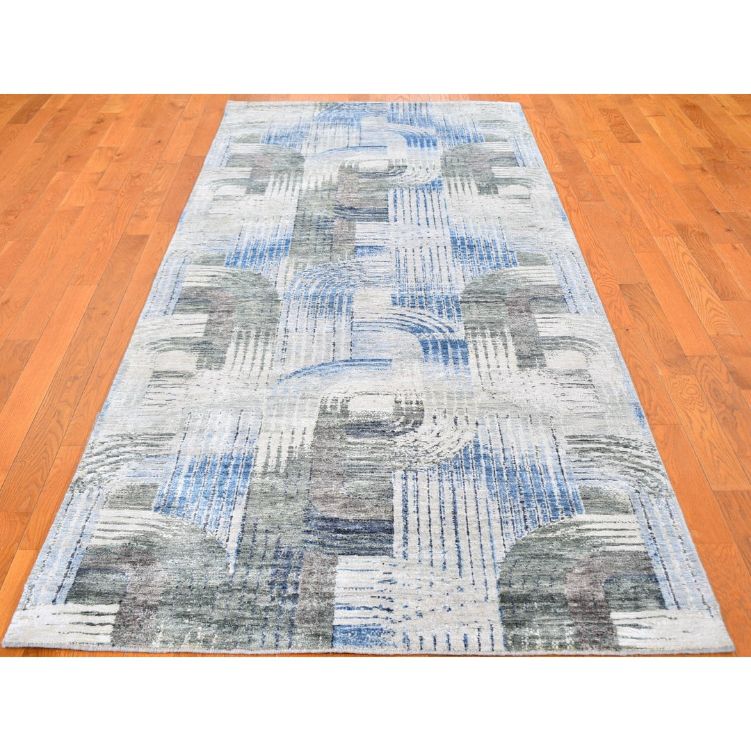 4'0" x 10'2" New Hand Knotted Blue Wool & Silk Runner Oriental Rug - MOA10259482