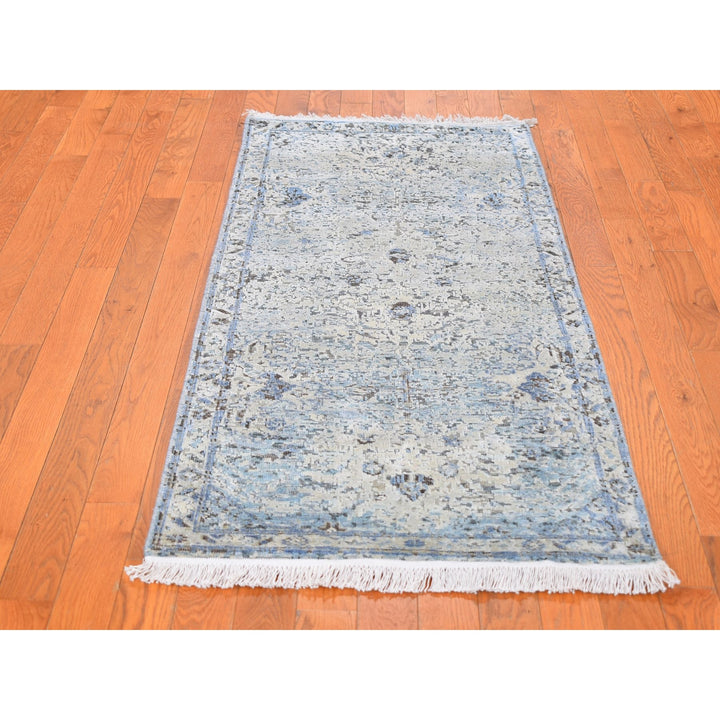 2'5" x 5'10" New Hand Knotted Blue Wool & Silk Runner Oriental Rug - MOA10259484