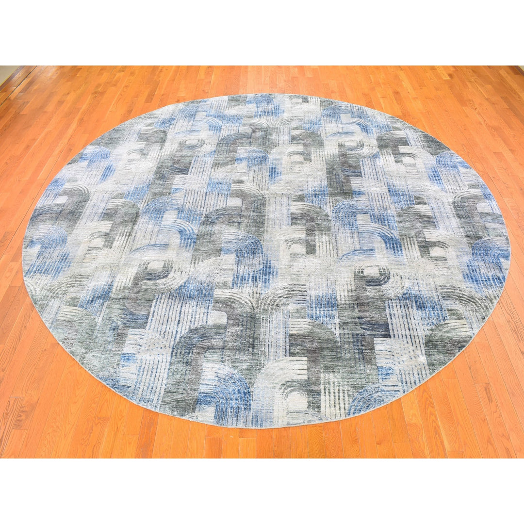 12'0" x 12'0" New Hand Knotted Blue Wool & Silk Round Oriental Rug - MOA10259491