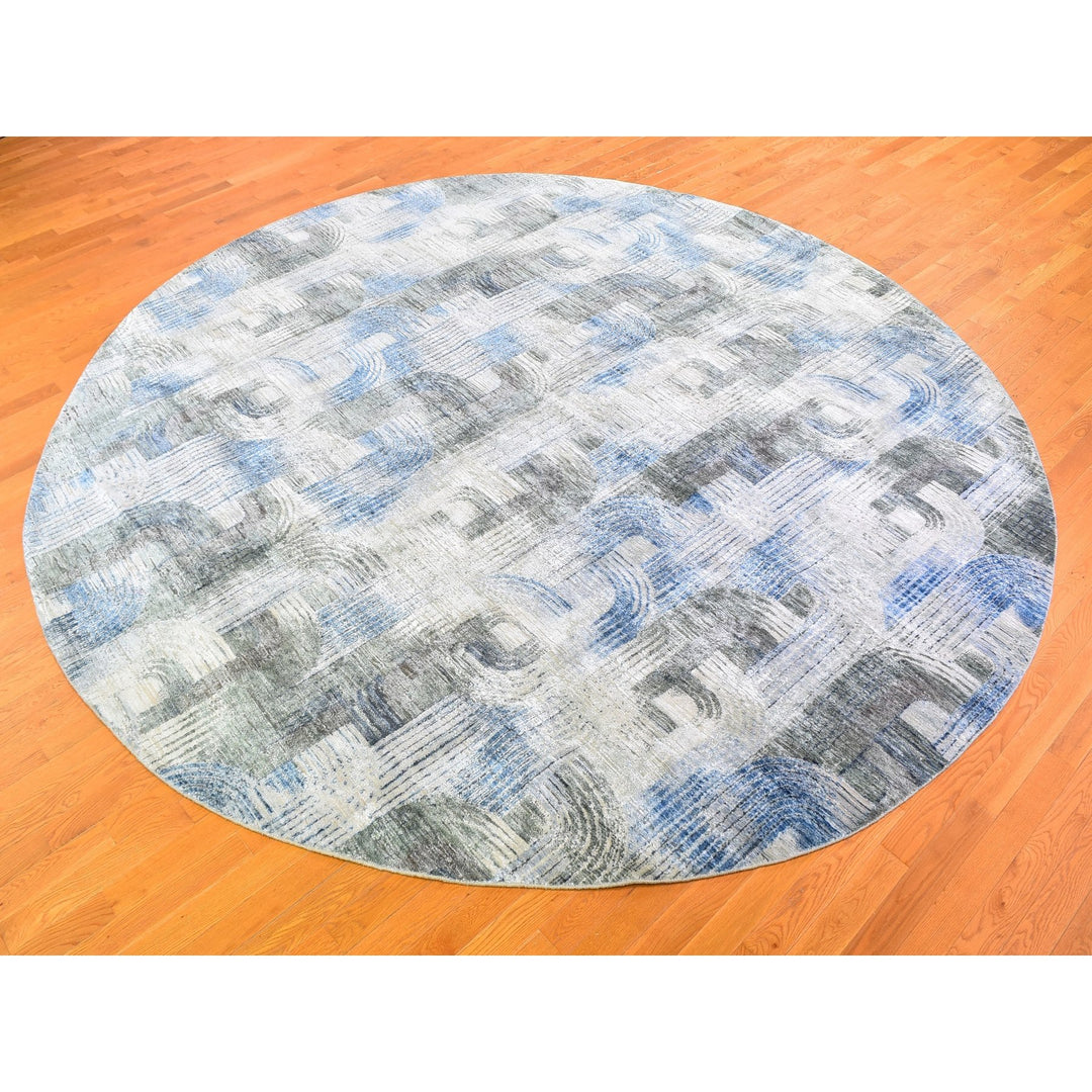 12'0" x 12'0" New Hand Knotted Blue Wool & Silk Round Oriental Rug - MOA10259491