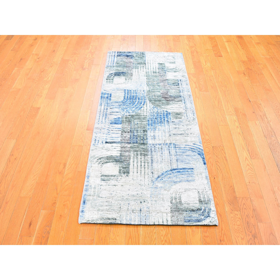 2'8" x 6'1" New Hand Knotted Blue Wool & Silk Runner Oriental Rug - MOA10259499