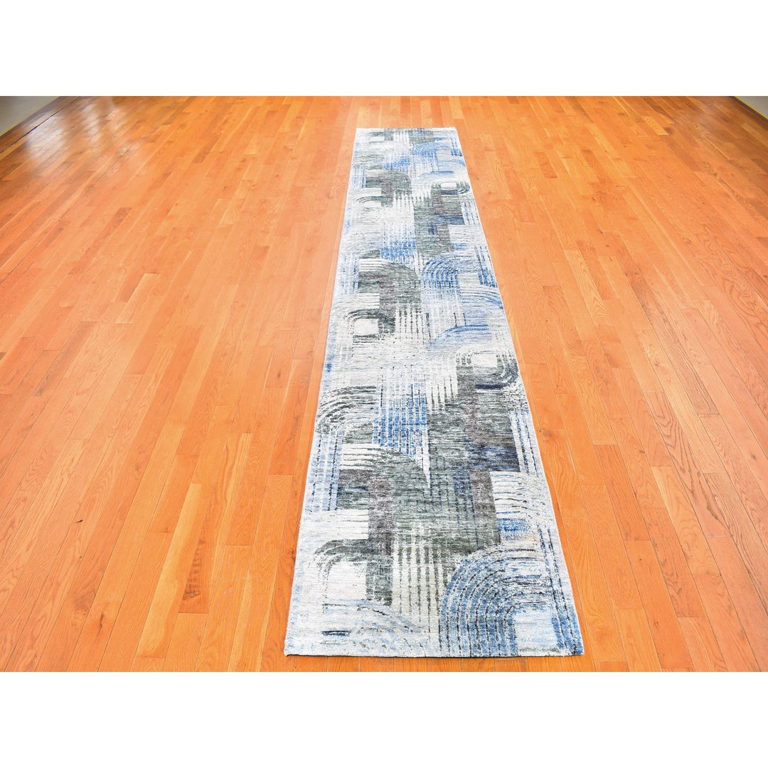 2'6" x 12'3" New Hand Knotted Blue Wool & Silk Runner Oriental Rug - MOA10259503