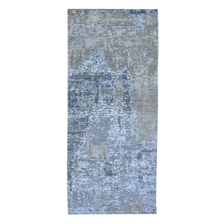 2'5" x 12'1" New Hand Knotted Grey Wool & Silk Runner Oriental Rug - MOA10259617