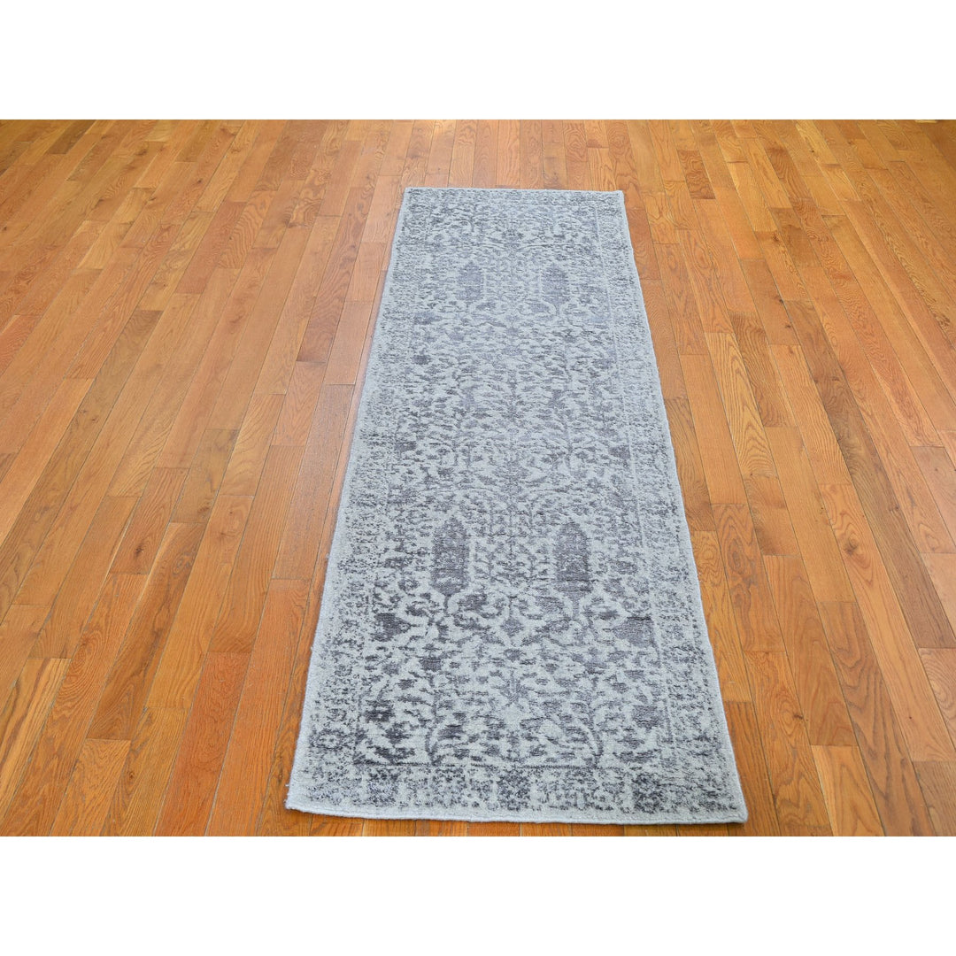 2'5" x 8'0" New Hand Loomed Grey Wool & Silk Rectangle Oriental Rug - MOA10259620