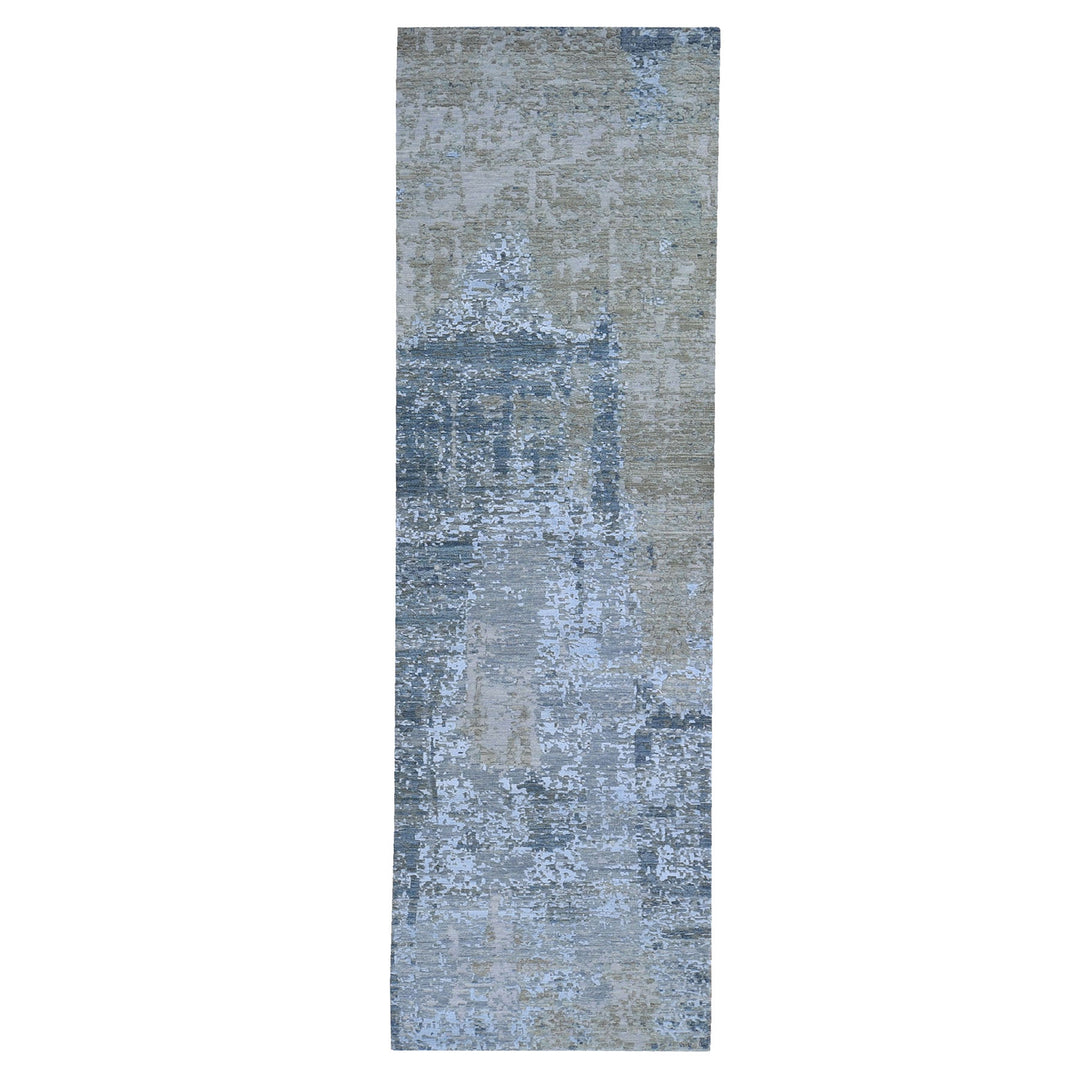 2'6" x 12'3" New Hand Knotted Blue Wool & Silk Runner Oriental Rug - MOA10259623