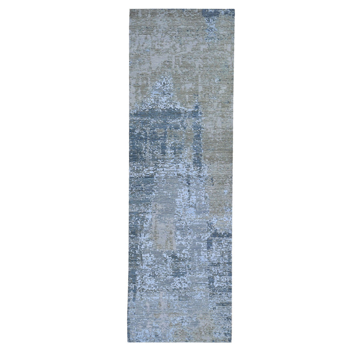 2'6" x 12'3" New Hand Knotted Blue Wool & Silk Runner Oriental Rug - MOA10259623