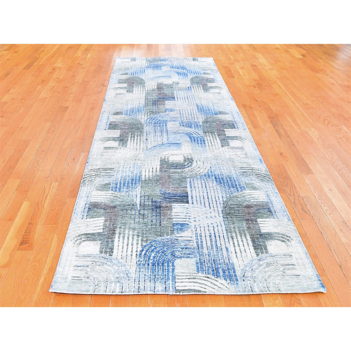 4'0" x 12'5" New Hand Knotted Blue Wool & Silk Runner Oriental Rug - MOA10259732