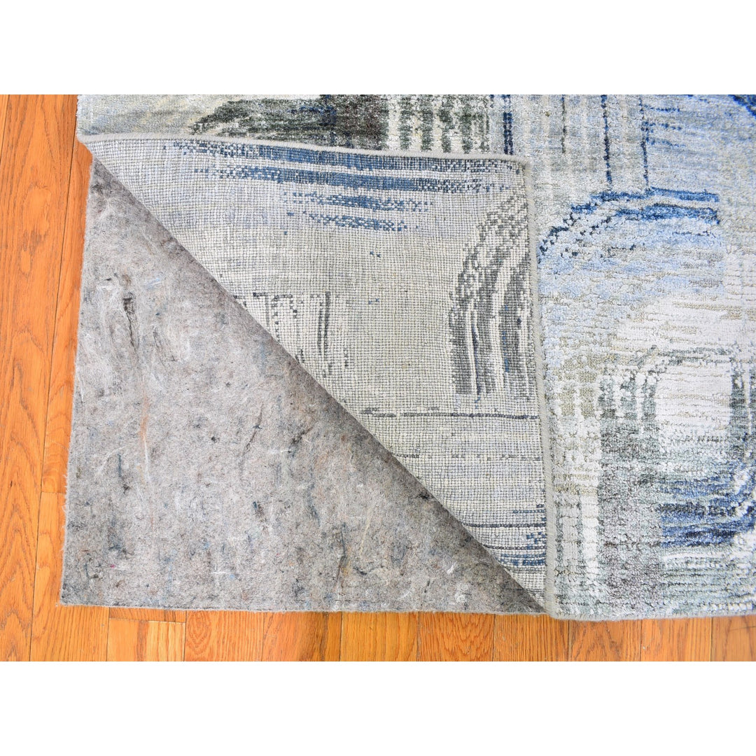 4'0" x 12'5" New Hand Knotted Blue Wool & Silk Runner Oriental Rug - MOA10259732