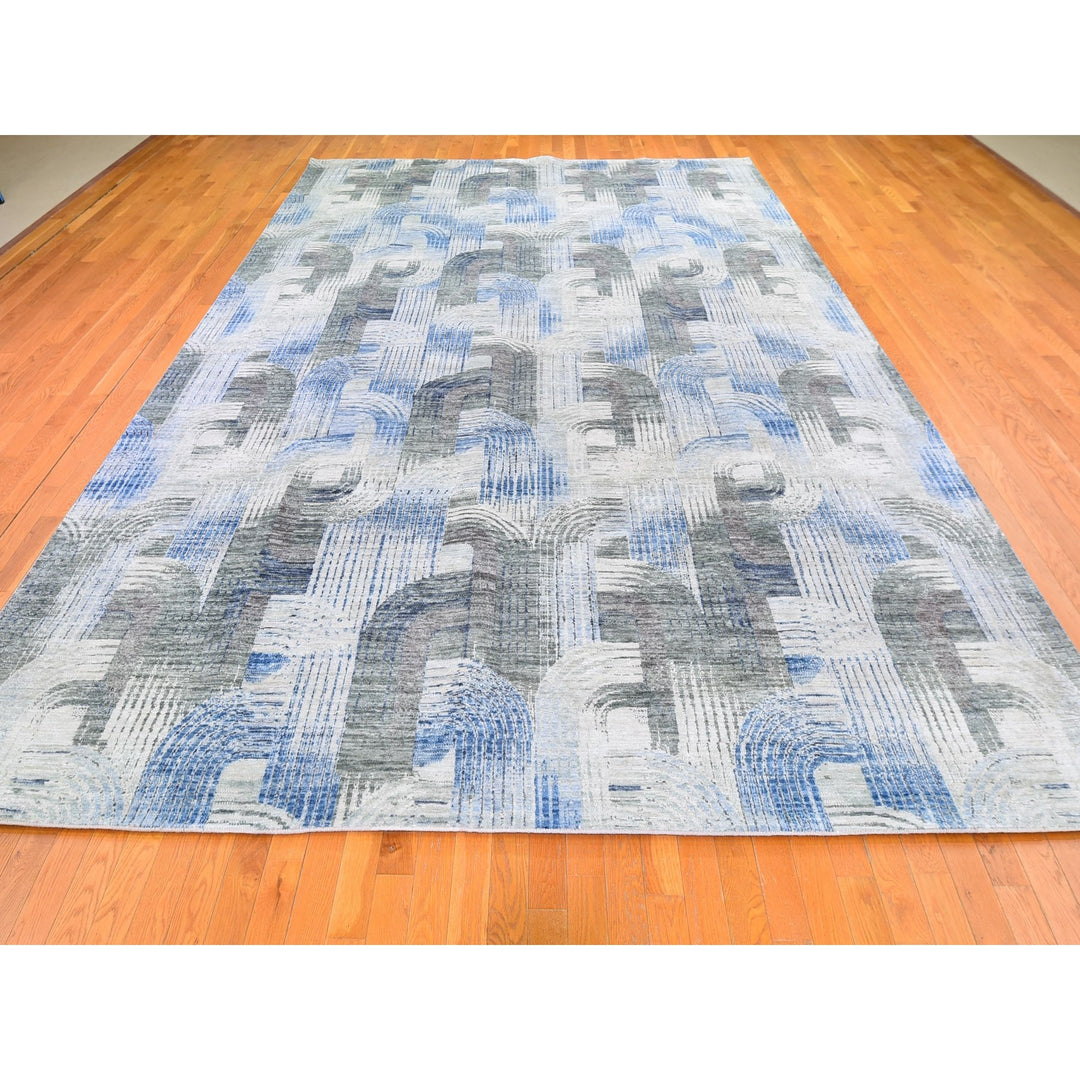 10'1" x 14'3" New Hand Knotted Blue Wool & Silk Rectangle Oriental Rug - MOA10259735