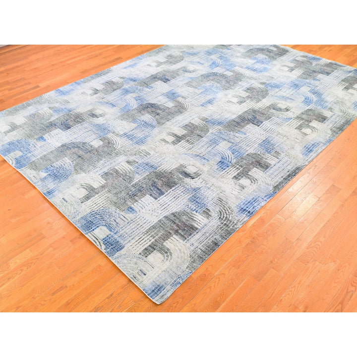 10'1" x 14'3" New Hand Knotted Blue Wool & Silk Rectangle Oriental Rug - MOA10259735