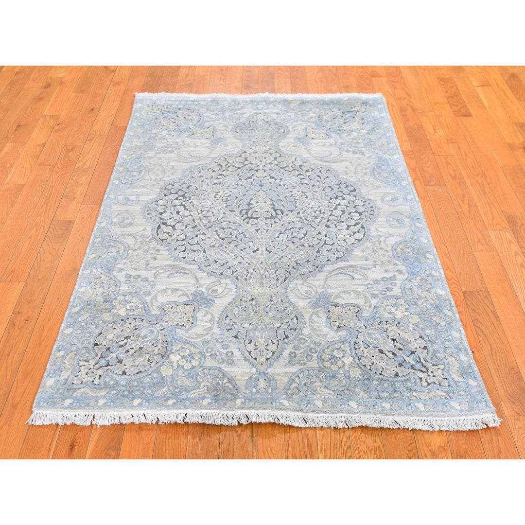 4'0" x 6'3" New Hand Knotted Blue Wool & Silk Rectangle Oriental Rug - MOA10259745