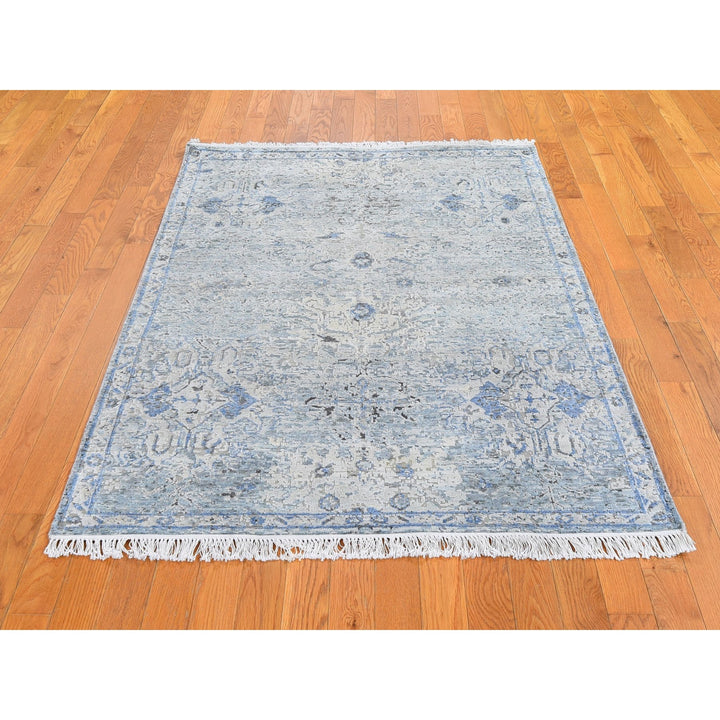 4'0" x 6'0" New Hand Knotted Blue Wool & Silk Rectangle Oriental Rug - MOA10259750