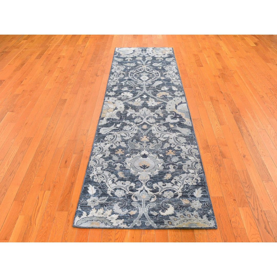 3'0" x 10'2" New Hand Knotted Grey Wool & Silk Runner Oriental Rug - MOA10259952