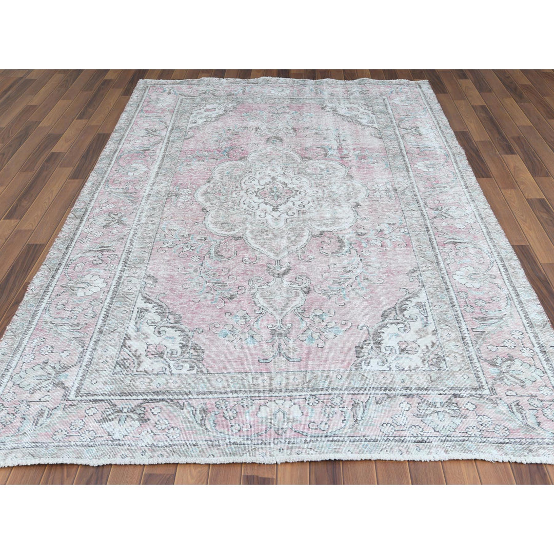 6'4" x 9'6" Vintage Hand Knotted Red Worn Wool Rectangle Oriental Rug - MOA10260187