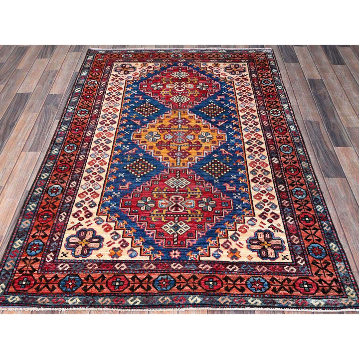 4'1" x 5'9" New Hand Knotted Blue Wool Rectangle Oriental Rug - MOA102606